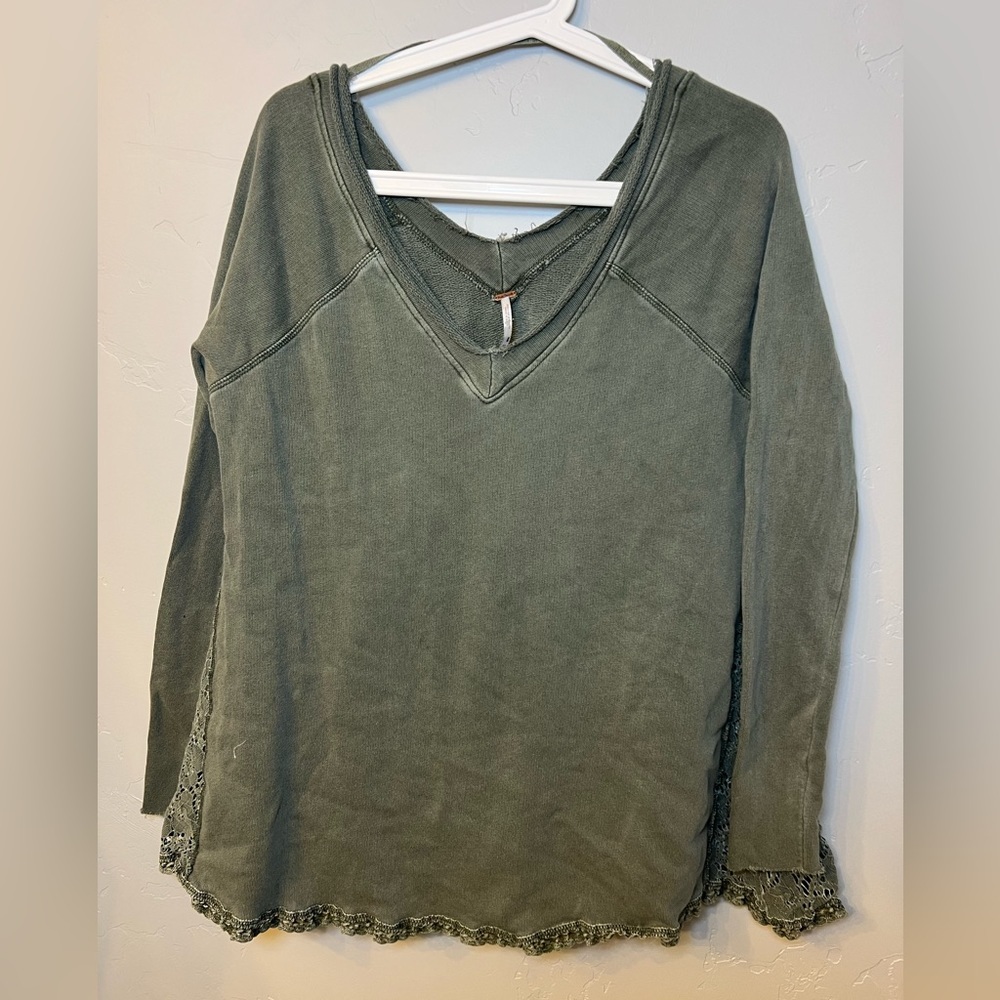 Free People No Frills Lace Inset V-Neck Pullover Sweatshirt - Picture 5 of 5
